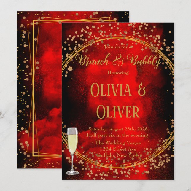Red Black Gold Geometric Glitter Brunch & Bubbly  Invitation (Front/Back)