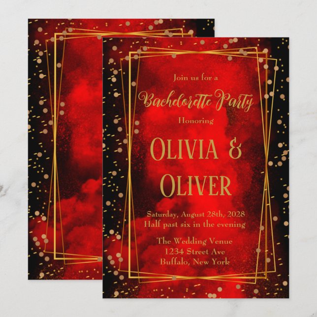 Red Black Gold Geometric Glitz Bachelorette Party  Invitation (Front/Back)