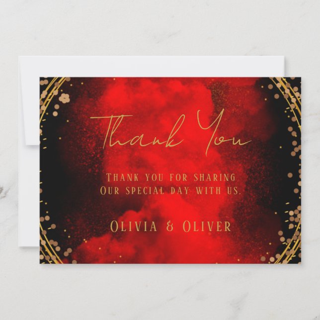 Red Black Gold Geometric Wedding Thank You Cards (Front)