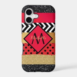 Red Black Gold Glitter Brush Stroke Monogrammed