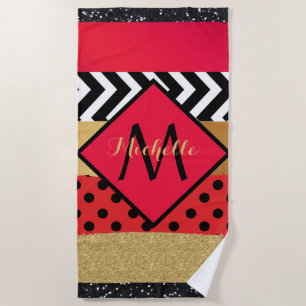 Red Black Gold Glitter Brush Stroke Monogrammed    Beach Towel