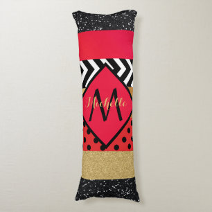 Red Black Gold Glitter Brush Stroke Monogrammed Body Cushion