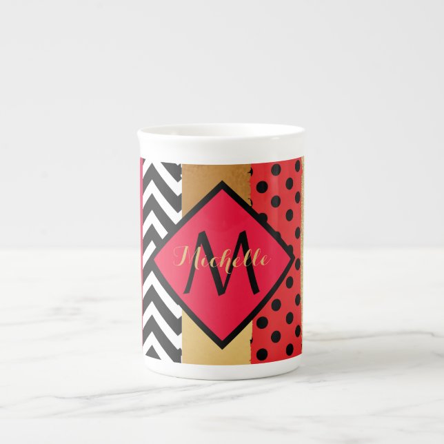 Red Black Gold Glitter Brush Stroke Monogrammed   Bone China Mug (Front)