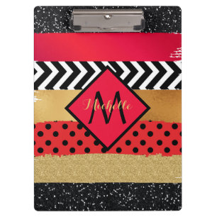 Red Black Gold Glitter Brush Stroke Monogrammed Clipboard