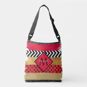 Red Black Gold Glitter Brush Stroke Monogrammed    Crossbody Bag