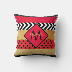 Red Black Gold Glitter Brush Stroke Monogrammed Cushion