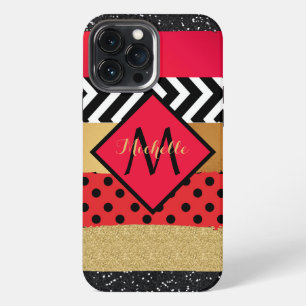 Red Black Gold Glitter Brush Stroke Monogrammed iPhone 13 Pro Max Case