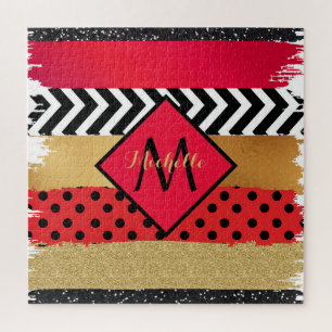 Red Black Gold Glitter Brush Stroke Monogrammed    Jigsaw Puzzle