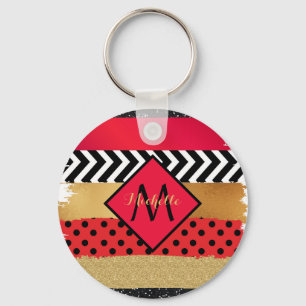 Red Black Gold Glitter Brush Stroke Monogrammed Key Ring