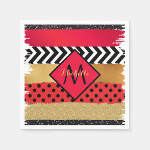 Red Black Gold Glitter Brush Stroke Monogrammed Napkin