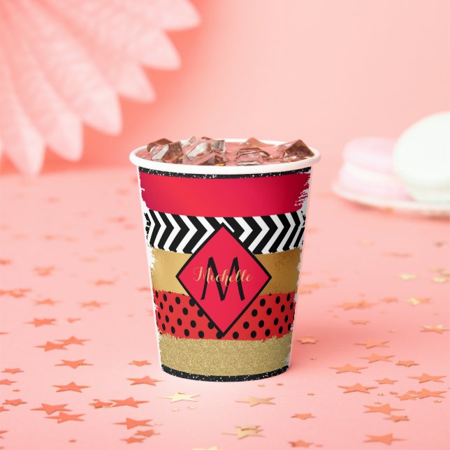 Red Black Gold Glitter Brush Stroke Monogrammed  Paper Cups (Insitu)