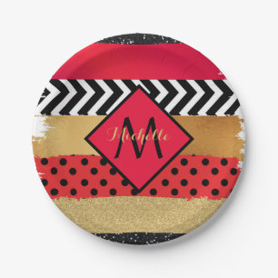 Red Black Gold Glitter Brush Stroke Monogrammed    Paper Plate