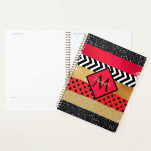 Red Black Gold Glitter Brush Stroke Monogrammed Planner