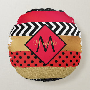 Red Black Gold Glitter Brush Stroke Monogrammed Round Cushion