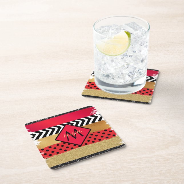 Red Black Gold Glitter Brush Stroke Monogrammed  Square Paper Coaster (Insitu)