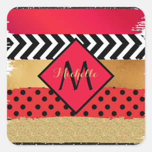 Red Black Gold Glitter Brush Stroke Monogrammed   Square Sticker