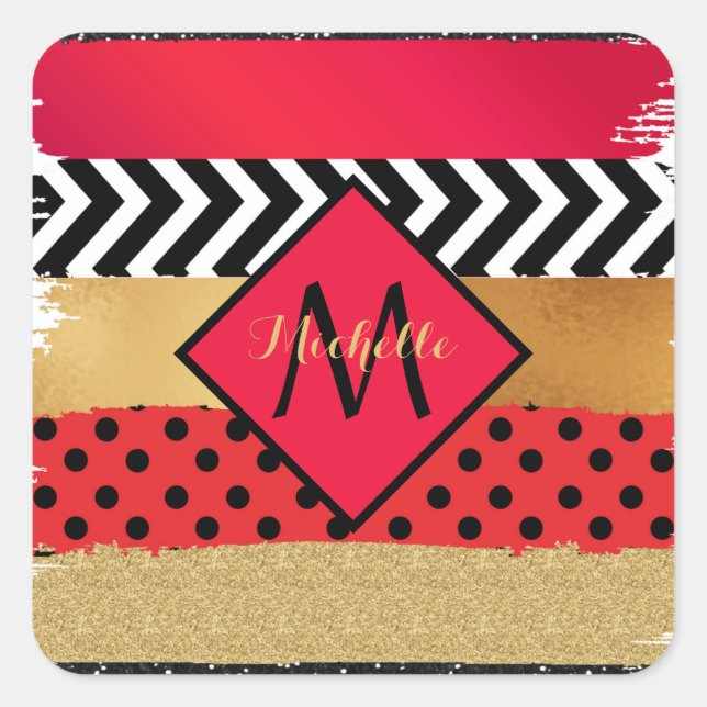 Red Black Gold Glitter Brush Stroke Monogrammed   Square Sticker (Front)