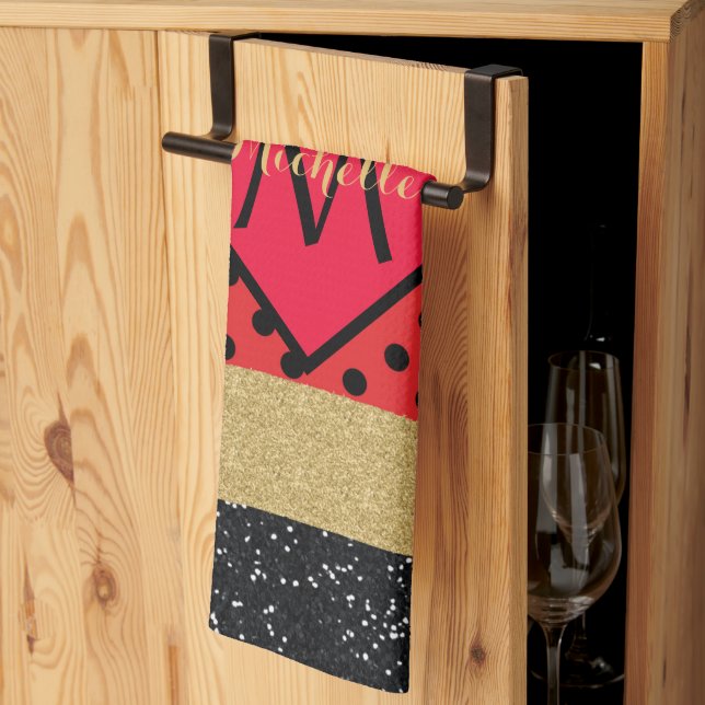 Red Black Gold Glitter Brush Stroke Monogrammed   Tea Towel (Thirds Fold)