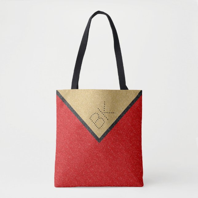Red Black Gold Glitter Chic Monogram Personalised Tote Bag (Front)