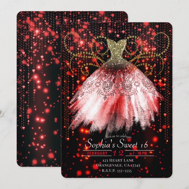 Red Black Gold Glitter Dress Sweet 16 Party Invitation (Front/Back)