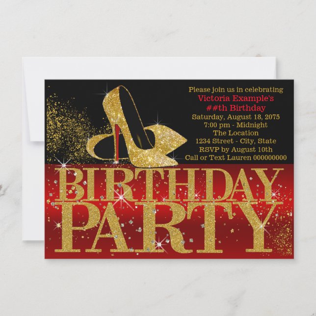 Red Black Gold Glitter High Heel Birthday Party Invitation (Front)