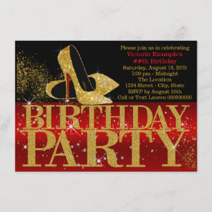 Red Black Gold Glitter High Heel Birthday Party Invitation