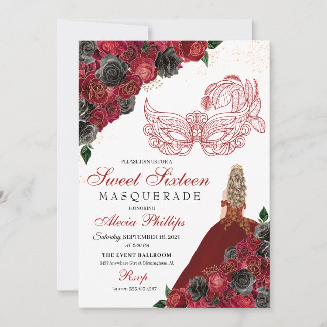 Red Black Gold Glitter Sweet 16 Masquerade Invitation (Front)