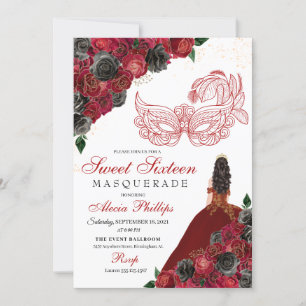 Red Black Gold Glitter Sweet 16 Masquerade Invitation