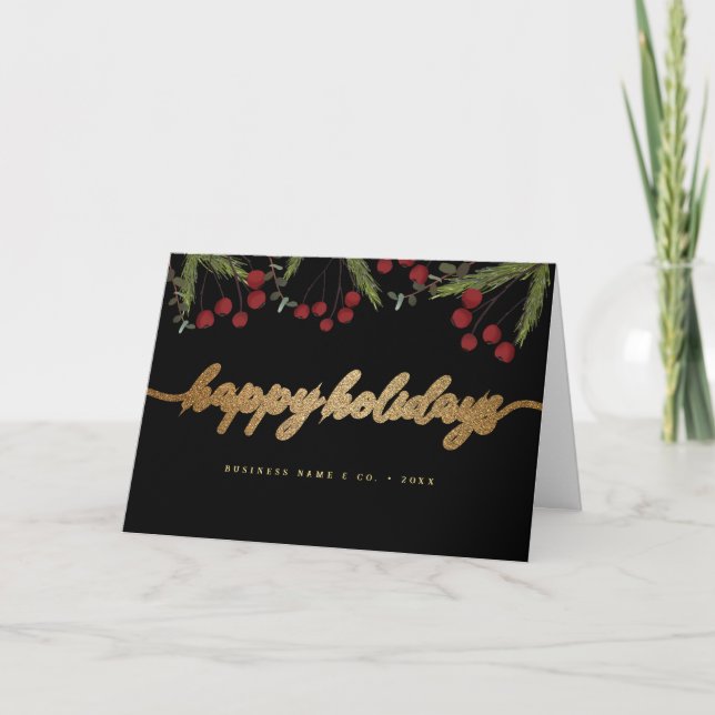 Red Black & Gold Happy Holiday Script foliage Card (Front)