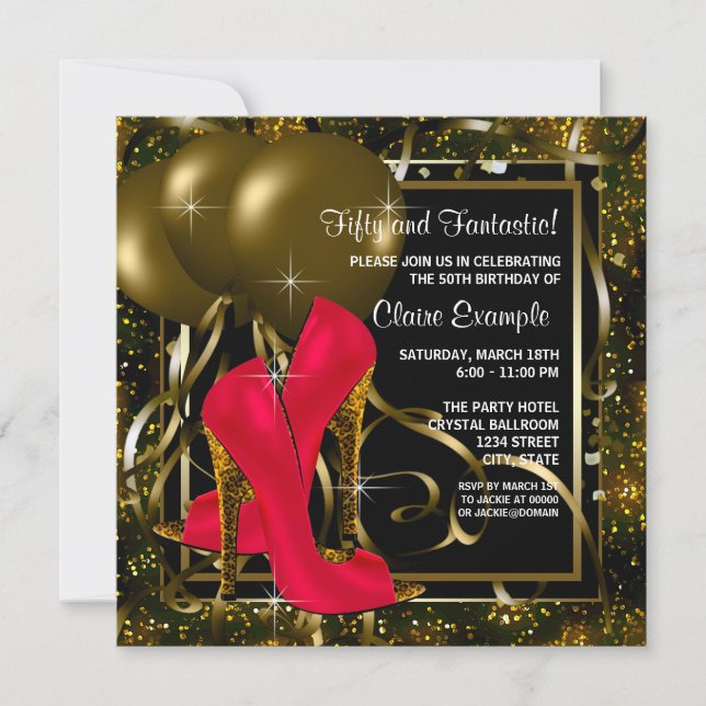 Red Black Gold High Heels Womans Birthday Party Invitation (Front)