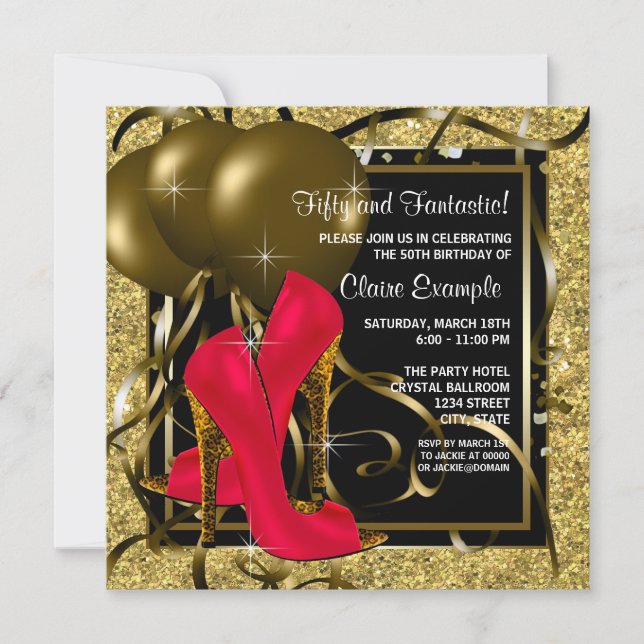 Red Black Gold High Heels Womans Birthday Party Invitation (Front)