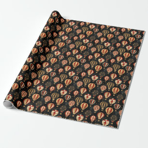 Red / Black / Gold Hot Air Balloons on Black Wrapping Paper