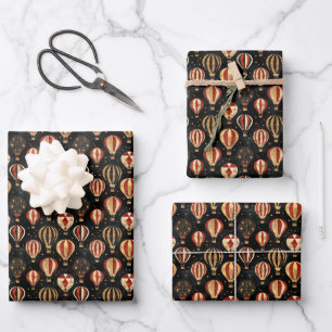 Red / Black / Gold Hot Air Balloons on Black Wrapping Paper Sheet
