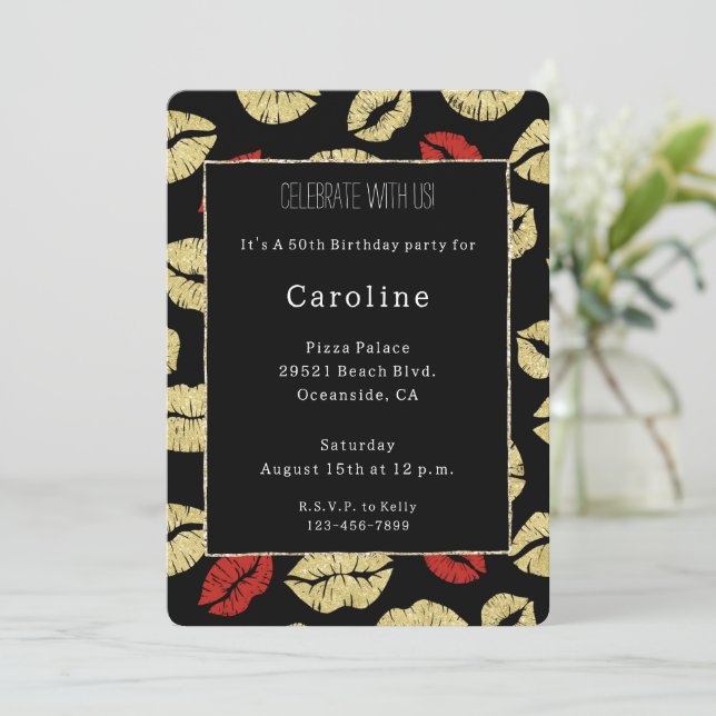 Red Black Gold Lips 50th Birthday   Invitation (Standing Front)