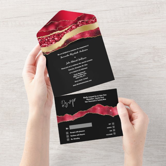 Red black gold marble agate elegant engagement  all in one invitation (Tearaway)