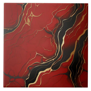 Red black gold Marbled Swirl Lines Tile