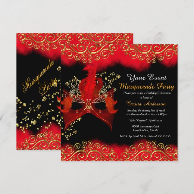 Red Black Gold Mask Masquerade Birthday Party Invitation (Front/Back)