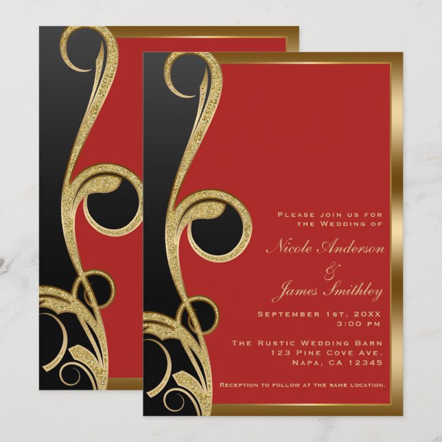 Red Black & Gold Modern Glam Elegant Swirl Wedding Invitation (Front/Back)