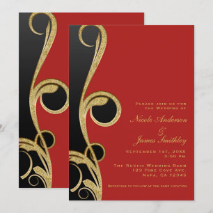 Red Black & Gold Modern Glam Elegant Swirl Wedding Invitation