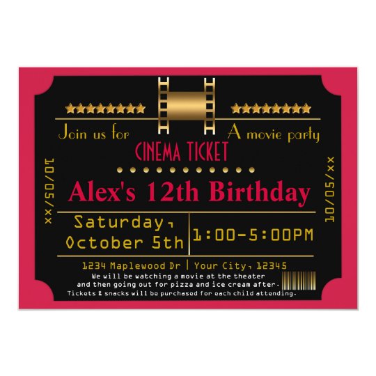 Red Black Gold Movie Ticket Cinema Film Invitation