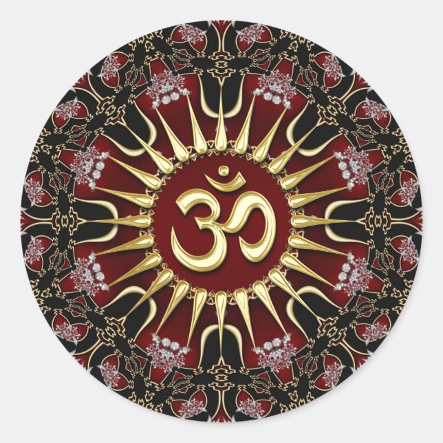Red Black Gold OM Courage Energy Mandala Classic Round Sticker (Front)
