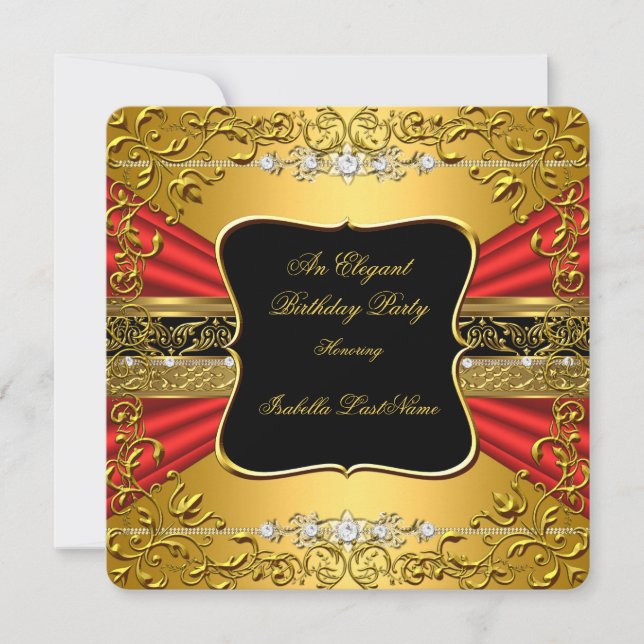 Red Black Gold Ornate Birthday Party Invitation (Front)
