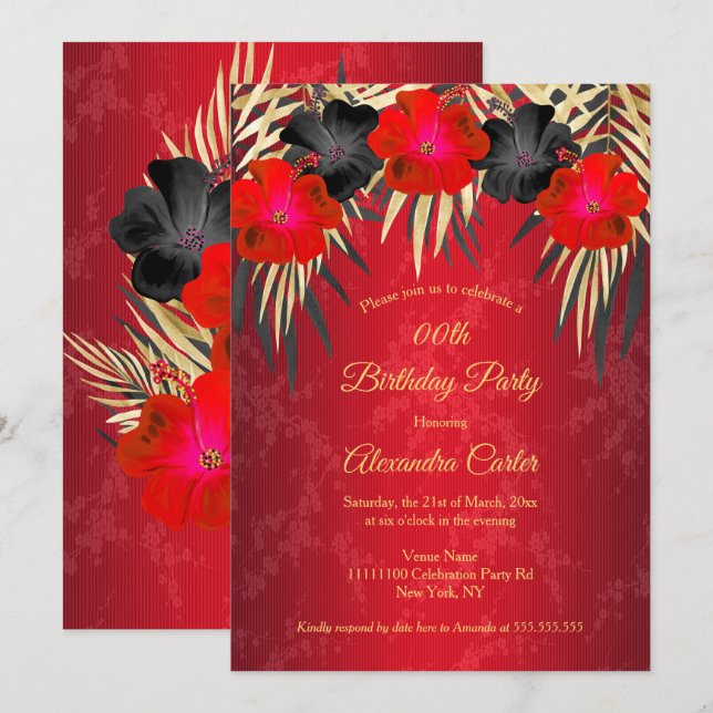 Red Black Gold Palms Hibiscus Damask Birthday Invitation (Front/Back)