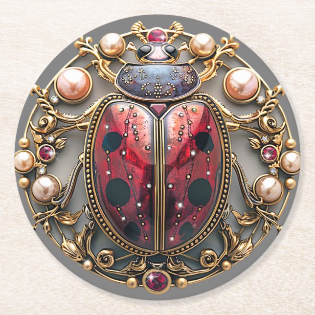 Red Black Gold Pearls Rubies Diamonds Elegant Round Paper Coaster (Front)