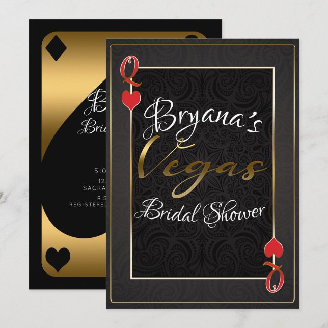Red Black Gold Queen Hearts Vegas Bridal Shower Invitation (Front/Back)