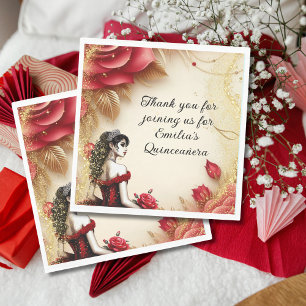 Red Black Gold Quinceañera Dress Roses Custom Napkin