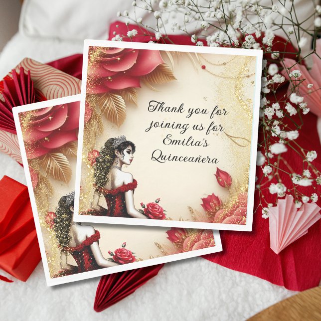 Red Black Gold Quinceañera Dress Roses Custom Napkin (Creator Uploaded)