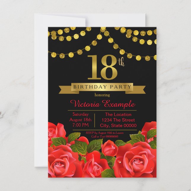 Red Black Gold Red Rose 18th Birthday Party Invitation (Front)