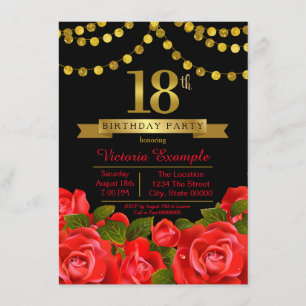 Red Black Gold Red Rose 18th Birthday Party Invitation