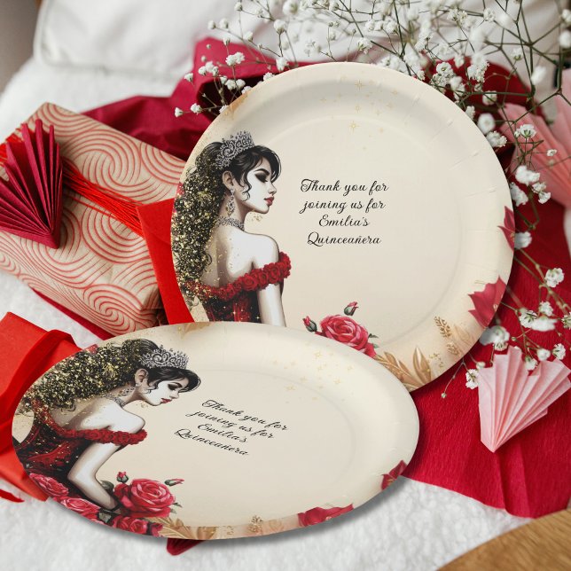 Red Black Gold Roses Quinceañera Dress Custom Paper Plate (Creator Uploaded)
